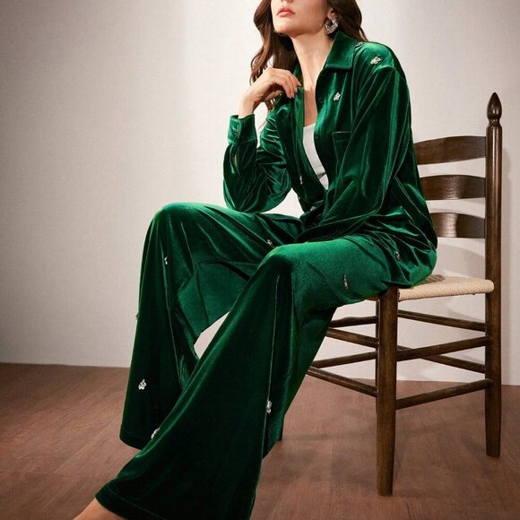 Dark Green Elegant Womens Velvet Rhinestone Studded button down top & pant Set - Picture 1 of 8